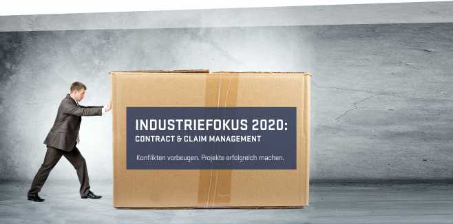 Terminverschiebung der Fachtagung "INDUSTRIEFOKUS 2020: Contract & Claim Management" vom 18./19.08.2020 auf das Frühjahr 2021. Bild: Businessman pushing big brown carton box on grey wall background, Urheber: cherezoff. Quelle: istockphoto